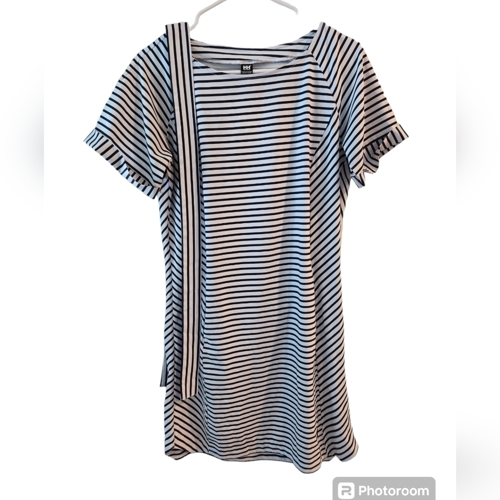HELLY HANSEN THALIA BLUE AND WHITE STRIPED BELTED DRESS. SIZE SMALL.